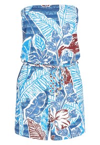 Combinaison sans bretelles bleu avec un motif floral et de feuilles en blanc, rouge et différentes nuances de bleu ; inclut une ceinture à nouer à la taille.