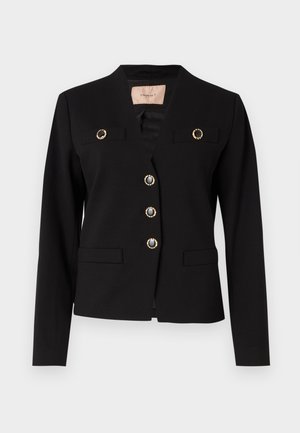 Svart blazer med v-halsdesign, gullfargede knapper, to frontlommer og strukturerte skuldre. Laget av et glatt stoff.