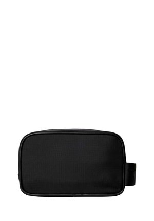 Trousse de toilette rectangulaire noire avec fermeture éclair et poignée latérale, fabriquée en tissu texturé, présentée sur fond blanc.