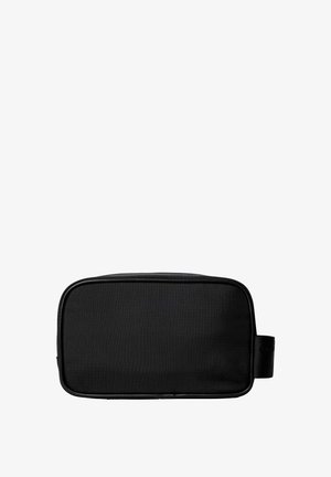 Rectangular black toiletry bag with zipper and side handle, made of textured fabric, shown on a white background.