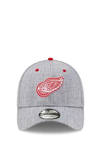 Gray adjustable cap with a curved brim, featuring a red embroidered Detroit Red Wings logo on the front and red accents on eyelets.