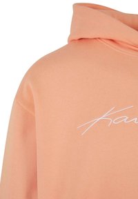 Sudadera color melocotón hecha de un tejido suave, con un logo de firma en blanco. La capucha es grande y tiene un ajuste relajado.