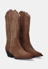 Botas de cowboy de ante marrón con un tacón bajo, patrones de costura decorativos y una cremallera lateral. Presentan bordes superiores con forma de ola y costuras de acento.