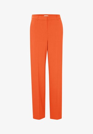 Pantalons taillés orange avec une coupe droite, passants de ceinture et une texture lisse. Comprend deux poches avant et un design épuré et minimaliste.