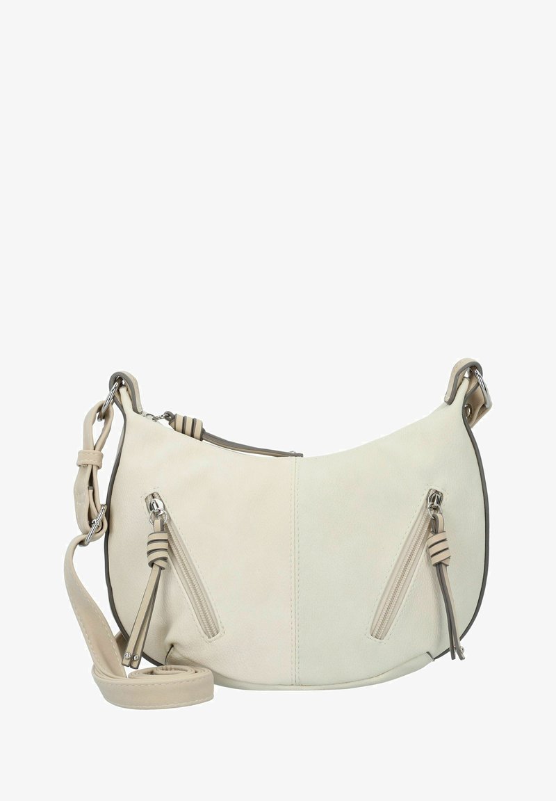 Borsa a spalla in pelle beige con forma curva, dotata di due tasche con zip e di una tracolla removibile con dettagli annodati.