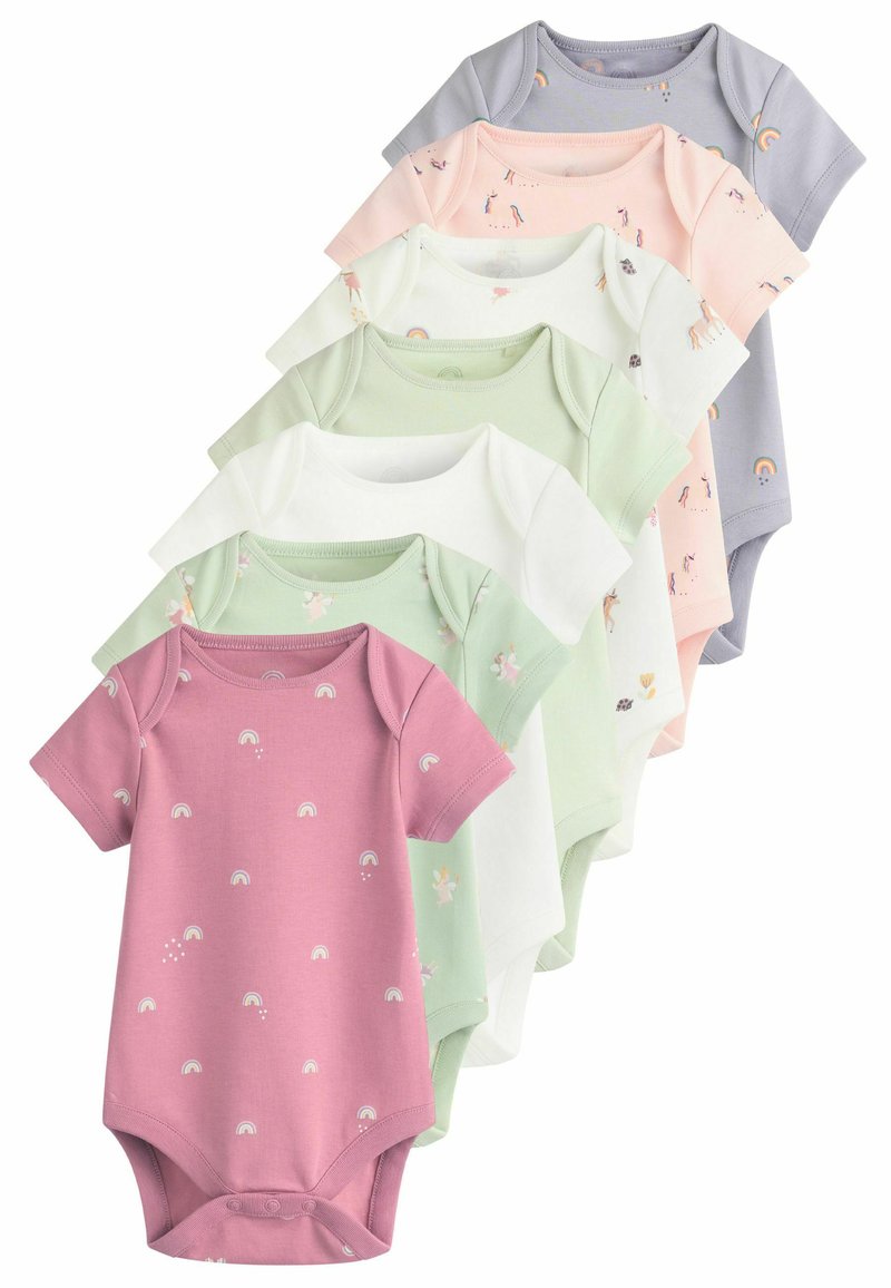 Ensemble de sept bodys de bébé à manches courtes dans diverses couleurs pastel. Caractéristiques d'impressions de arcs-en-ciel et de licornes. Matière en mélange de coton doux.