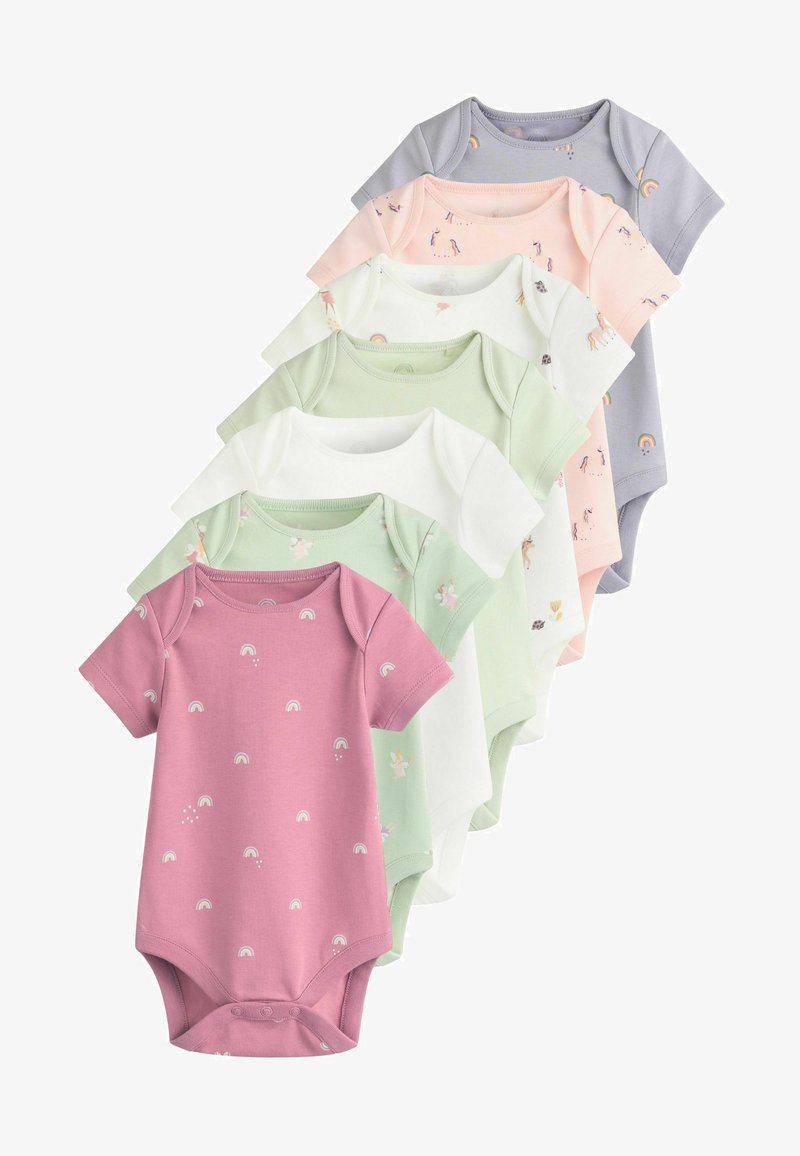 Set aus sieben kurzärmeligen Babybodysuits in verschiedenen Pastellfarben. Mit Drucken von Regenbögen und Einhörnern. Weicher Baumwollmischstoff.