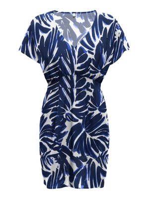 Jurk met korte mouwen, V-hals en blauw-wit abstract tropisch bladvormig patroon, nauwsluitende taille, kniehoogte.