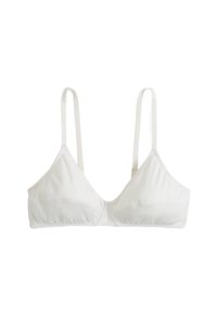 Bralette triangulaire blanc en coton, avec des bretelles réglables, un design sans coutures et une texture douce et lisse.