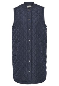 Gilet trapuntato blu navy con scollatura tonda, bottoni a scatto e tasche laterali, caratterizzato da un motivo a diamante e una texture liscia.