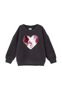 Grauer Sweatshirt mit einem großen Herzdesign aus pinken und weißen Pailletten. Verfügt über einen runden Halsausschnitt und Rippstrickbündchen. Legerer Stil.