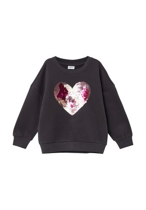 Grauer Sweatshirt mit einem großen Herzdesign aus pinken und weißen Pailletten. Verfügt über einen runden Halsausschnitt und Rippstrickbündchen. Legerer Stil.