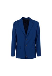 Blazer blu realizzato in tessuto liscio, con rever a punta, due bottoni e due tasche frontali. Interno nero.