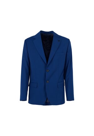 Blazer blu realizzato in tessuto liscio, con rever a punta, due bottoni e due tasche frontali. Interno nero.
