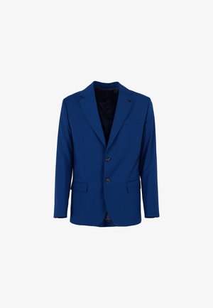 Blazer blu realizzato in tessuto liscio, con rever a punta, due bottoni e due tasche frontali. Interno nero.
