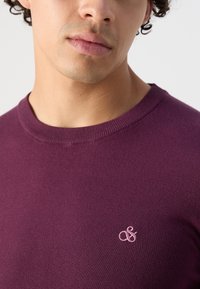 Maglione viola lavorato a maglia con collo rotondo. Presenta un piccolo logo rosa sul petto. Texture morbida e design aderente.