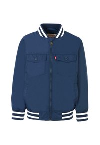 Giacca bomber blu navy con polsini e colletto a coste rigate bianche, zip frontale e due tasche sul petto con bottone.