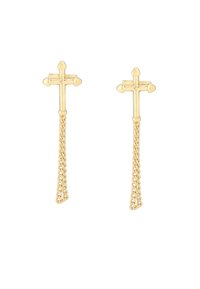 Pendientes en tono dorado en forma de cruz que presentan una superficie texturizada y un detalle de cadena colgante. Las cruces tienen extremos puntiagudos y un acabado pulido.