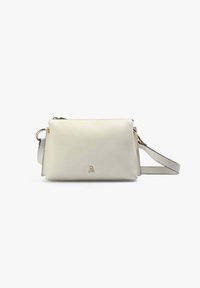 Light cream leather crossbody bag with a zippered top, slim profile, and gold-tone skull emblem on the front. Adjustable strap included.