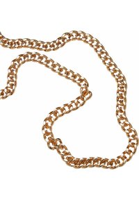Gold-toned metal chain necklace with large, interlocking links. Smooth texture with a polished finish, featuring a flexible and fluid design.