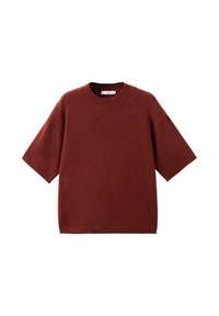 Pull-over manches courtes couleur rouille avec un col rond côtelé et une texture douce. Design simple et carré sans motifs apparents.