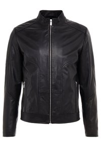 Schwarze Lederjacke mit Stehkragen, Vorderreißverschluss, seitlichen Taschen und geschwungenen Nahtdetails, mit einem schlanken und taillierten Design.