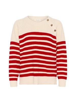 Pull en tricot avec un col rond, présentant des rayures horizontales alternées rouges et blanches, ainsi que trois boutons sur l'épaule gauche. Texture douce.