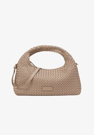 Beige geflochtene Lederhandtasche mit rundem Tragegriff oben und abnehmbarem Schulterriemen, versehen mit einem dezenten Markenlogo-Patch auf der Vorderseite.