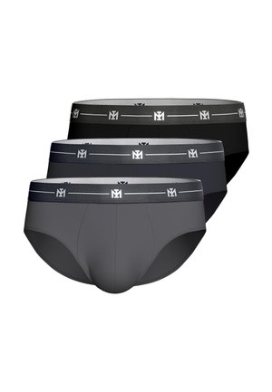 Tres calzoncillos para hombre en negro, gris oscuro y gris medio con cinturillas elásticas a juego con logotipos blancos "M1".