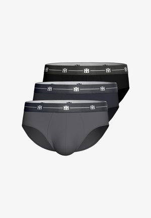 Drei Herren-Slips in Schwarz, Dunkelgrau und Mittelgrau mit passenden elastischen Taillenbändern mit weißen „M1“-Logos.