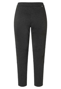 Dunkelgraue Hose mit Fischgrätenmuster, schmaler Schnitt und glatter Textur. Verfügt über einen flachen Bund und ein Druckknopfdetail.