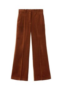 Bruine wijde broek van zacht materiaal, met een rechte voorkant, riemlussen en zijzakken. Glad textuur en op maat gemaakte stijl.