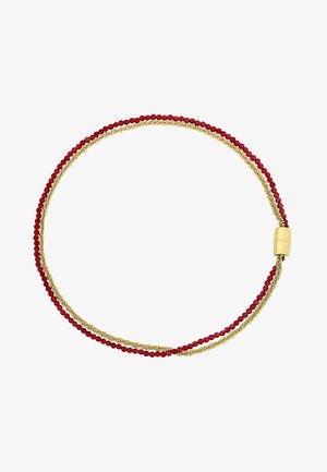 Bracelet fin double rang avec de petites perles rouges sur un rang et des perles spirales dorées sur l'autre, fermé par un fermoir en or.