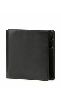 Czarny skórzany portfel z rozkładanym projektem, gładką fakturą, wytłoczonym logo oraz wnętrzem z przegródkami na karty i gotówkę.