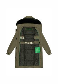 Green padded coat with fur-lined hood, multiple interior pockets, and contrasting green accents. Features front zip and snap closures.