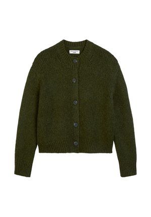 Donkergroen gebreide cardigan met een ronde halslijn, voorzien van een knoopsluiting aan de voorkant, geribbelde manchetten en een gestructureerd stofpatroon.