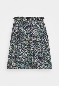 Floral tiered rok in marineblauw, met kleine roze en groene bloemen. Elastische tailleband en ruches voegen textuur en detail toe.
