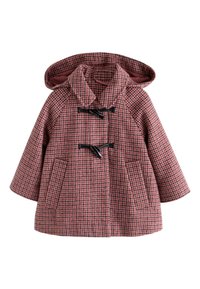 Manteau à motif pied-de-poule rouge et rose avec capuche, doté de fermetures à bascule, manches raglan et deux poches avant. Doublure intérieure lisse.