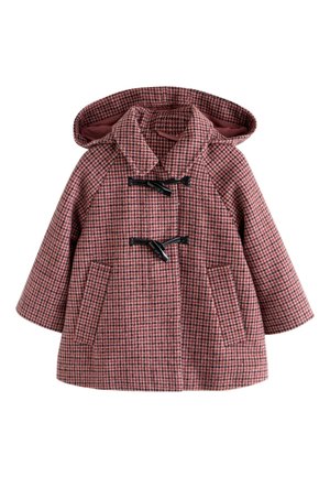 Rød og pink hundetandsmønstret frakke med hætte, udstyret med trykknapper, raglanærmer og to forlommer. Glat inderfor.