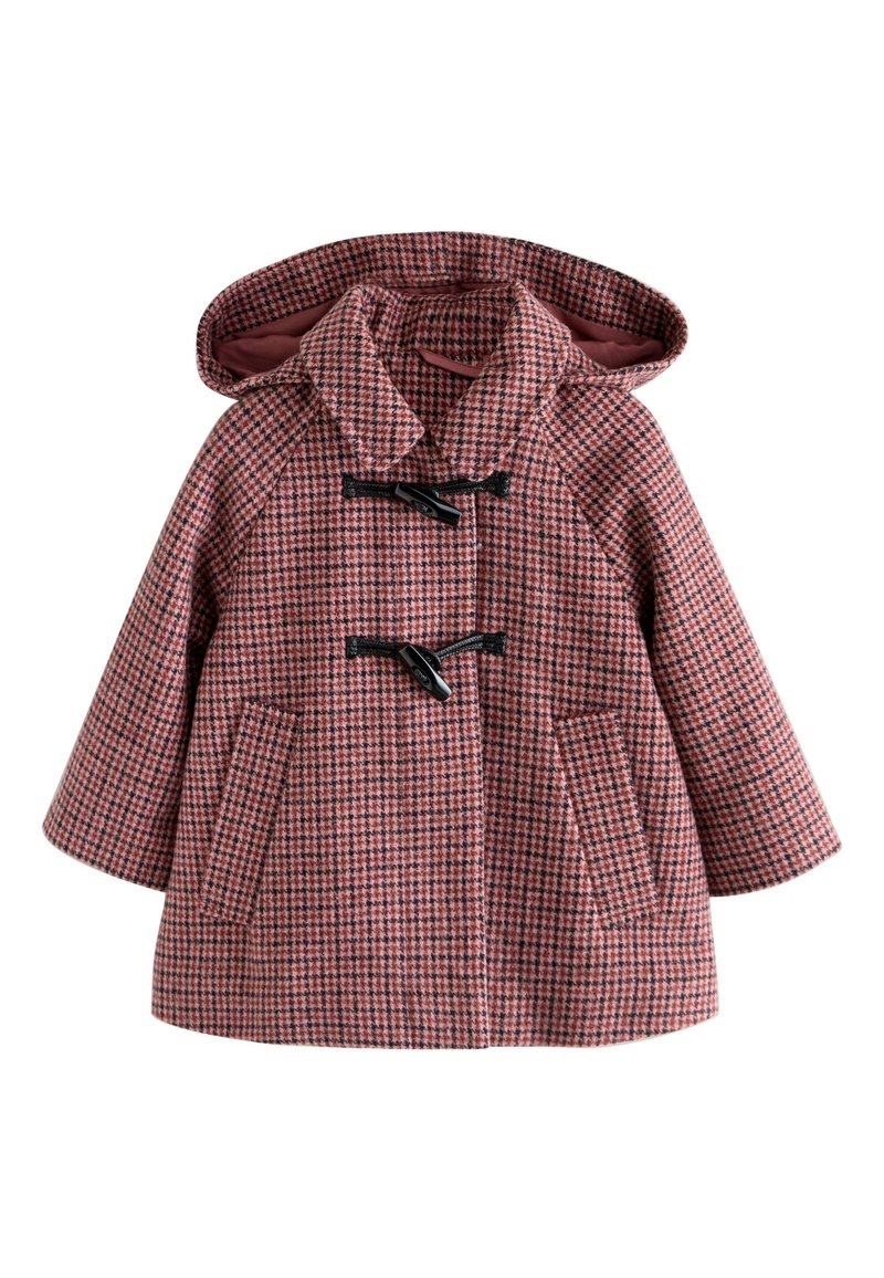 Manteau à motif pied-de-poule rouge et rose avec capuche, doté de fermetures à bascule, manches raglan et deux poches avant. Doublure intérieure lisse.