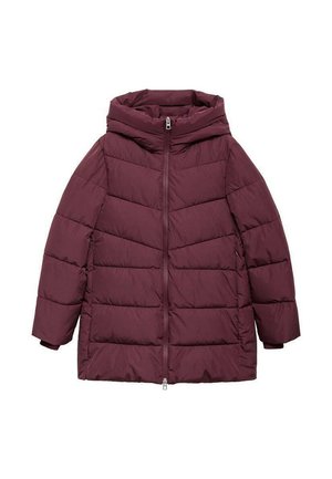 Mørkerød pufferjakke med lynlås, hætte og vandret quiltning. Har et elegant design og blødt, isolerende stof.