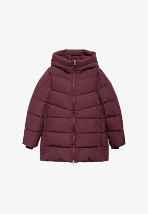 Bordový péřový kabát s zipovým zapínáním, kapucí a horizontálním prošíváním. Má elegantní design a měkkou, izolační tkaninu.