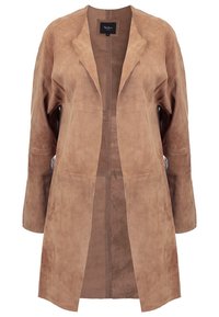 Lång jacka i tanfärgad mocka med öppen front, vida ärmar och subtila sömmar. Mjuk textur och avslappnad siluett ökar mångsidigheten.