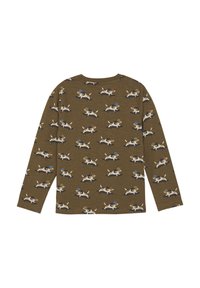 Olijfgroene lange mouwen shirt met een herhalend patroon van honden op skateboards. Zachte stof met een ronde hals en een lichte stretch.