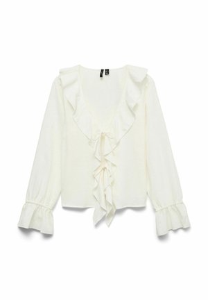 Blouse blanche à manches longues avec un col en V profond, bordure à volants le long du col et à l'avant, fermetures à nouer et poignets à volants.