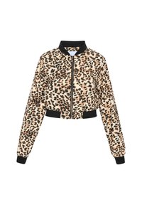 Giacca bomber tagliata in stampa leopardata, con polsini e colletto a coste neri, chiusura frontale con zip e una texture morbida.
