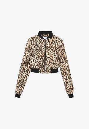 Gekürzte Bomberjacke im Leopardenmuster, mit schwarzen Rippbündchen und Kragen, einem Reißverschluss vorne und einer weichen Textur.