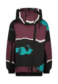 Hettegenser i burgunder, svart og teal med abstrakte mønstre. Har kengurulomme og ribbestrikkede mansjetter. Myk tekstur på stoffet.