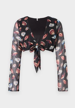 Black cropped sheer top with long sleeves, featuring a front tie closure and colorful shell patterns in red, blue, and cream.
