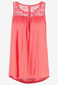 Blouse corail sans manches avec encolure ronde et détail en dentelle florale sur le haut devant et dos.